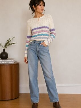 Vintage Knit Long Sleeve Top With Pastel Wavy Details